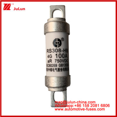 RS308-HB 4G 100A AR 750VDC 50KA ฟิวส์สําหรับการป้องกันวงจรรถยนต์ ผลงานที่สอดคล้องกับ JASO D622 การออกแบบท่อเซรามิก