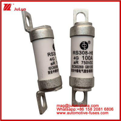 RS308-HB 4G 100A AR 750VDC 50KA ฟิวส์สําหรับการป้องกันวงจรรถยนต์ ผลงานที่สอดคล้องกับ JASO D622 การออกแบบท่อเซรามิก