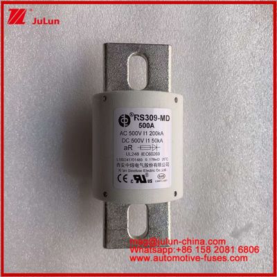 500VDC 200KA 500VAC 50KA AR ท่อเซรามิก ไฟท์ฟิวส์ RS309-MD 500A สําหรับรถไฟฟ้าและระบบแบตเตอรี่พลังงาน