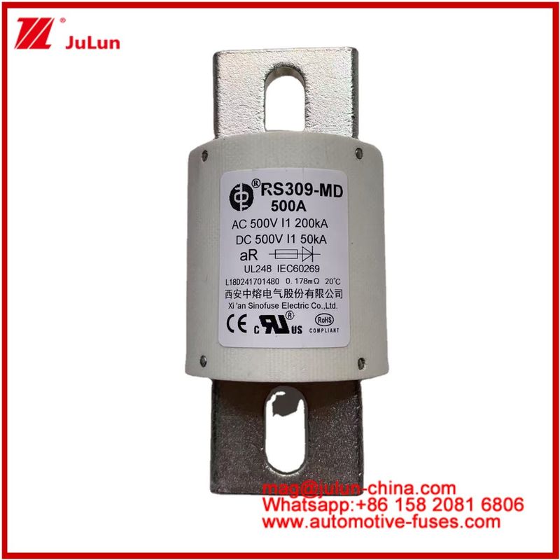 500VDC 200KA 500VAC 50KA AR ท่อเซรามิก ไฟท์ฟิวส์ RS309-MD 500A สําหรับรถไฟฟ้าและระบบแบตเตอรี่พลังงาน
