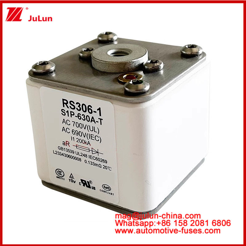 RS306-1 S1P-630A-T AC700 ((UL) Ar AC690V ((IEC) 200KV Square Caremic Fuse EV หรือ HEV การดึงรถไฟฟ้า