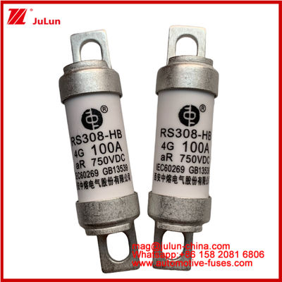 RS308-HB 4G 100A AR 750VDC 50KA ฟิวส์สําหรับการป้องกันวงจรรถยนต์ ผลงานที่สอดคล้องกับ JASO D622 การออกแบบท่อเซรามิก