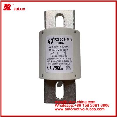 500VDC 200KA 500VAC 50KA AR ท่อเซรามิก ไฟท์ฟิวส์ RS309-MD 500A สําหรับรถไฟฟ้าและระบบแบตเตอรี่พลังงาน